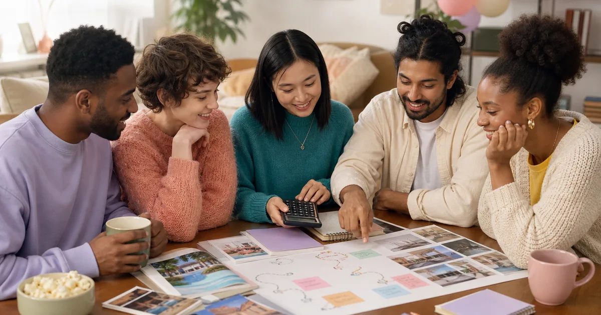 A group of friends planning a celebration weekend and reviewing the costs together