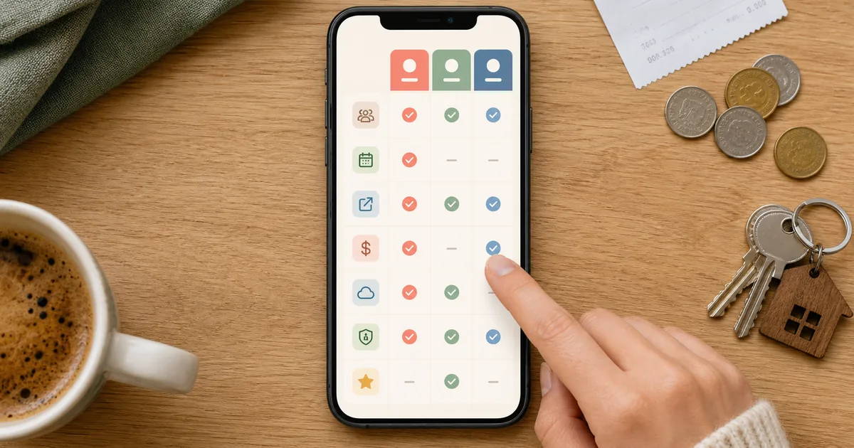 A phone comparing bill-splitting app features beside everyday shared expenses