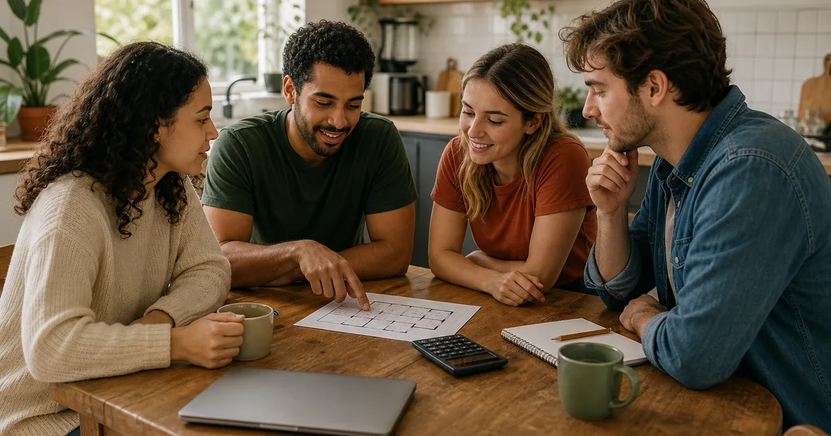 Four housemates including a couple discussing rent shares in a shared kitchen