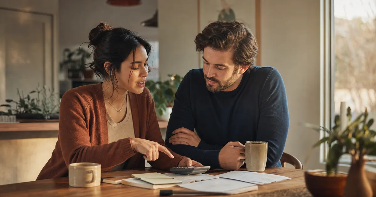A couple calmly reviewing shared household expenses together at home
