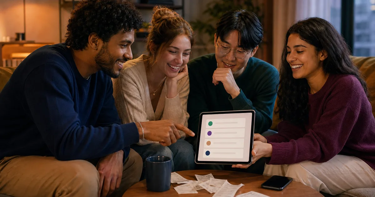 A group settling up shared expenses with a simplified list of payments