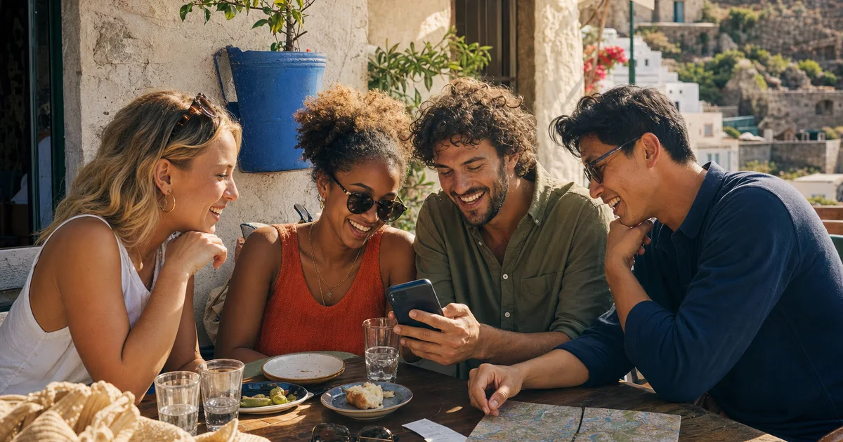 Four friends tracking shared trip costs at a sunny outdoor cafe