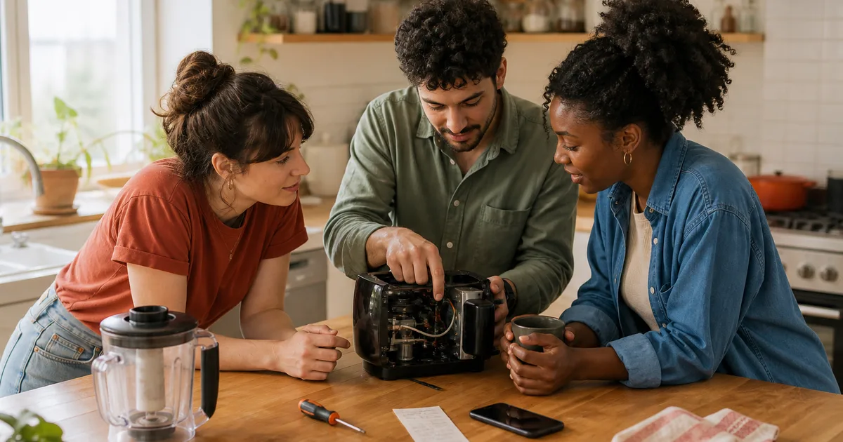 Housemates inspecting a broken kitchen appliance and discussing the repair cost