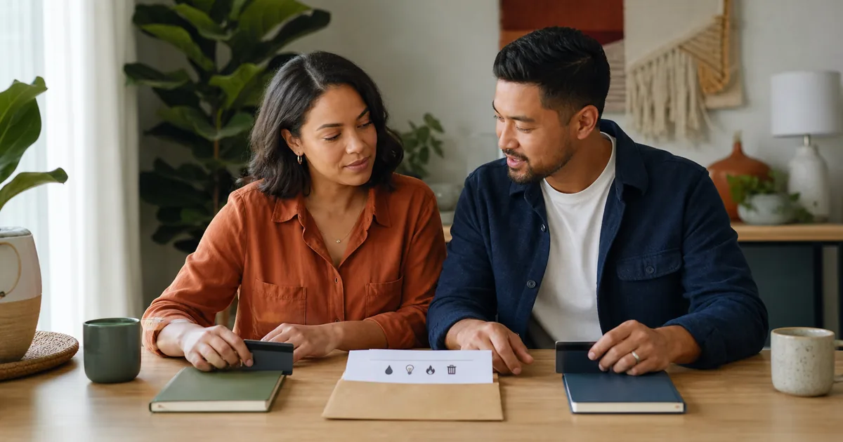 A couple arranging personal accounts around one shared household account