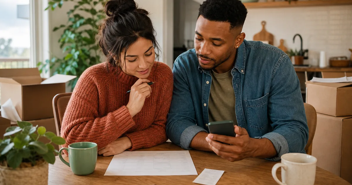 A couple reviewing their first shared budget together in a new apartment