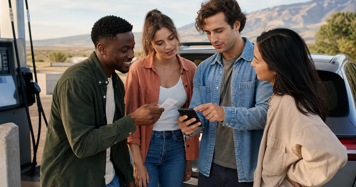 Four friends comparing a fuel receipt and road trip costs beside their car