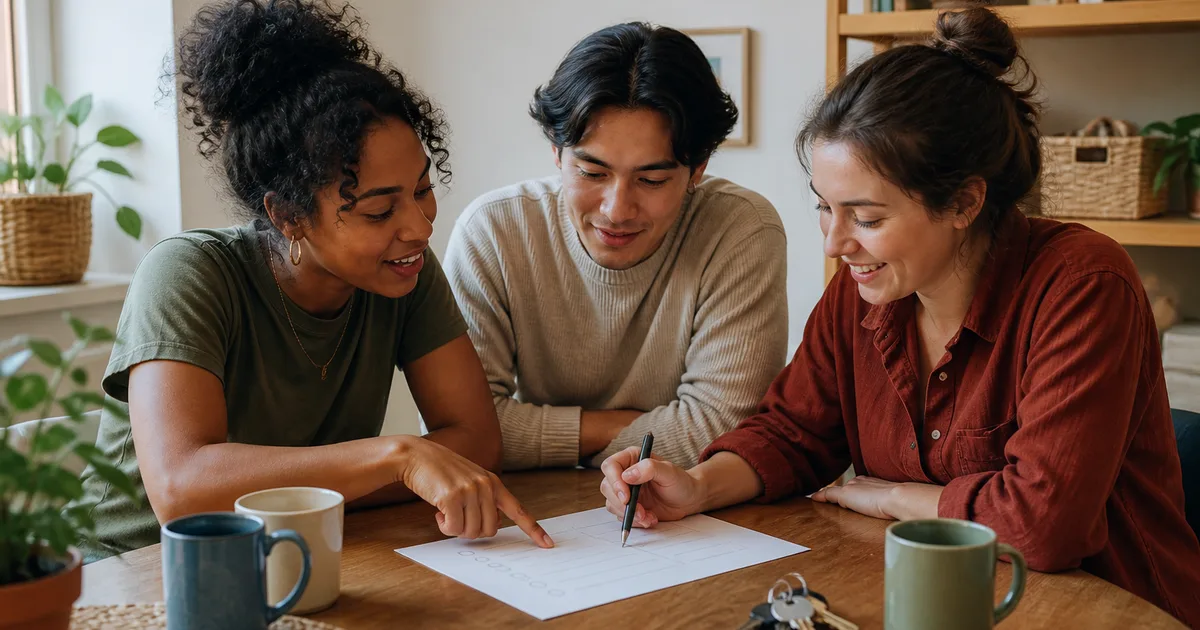 Three housemates writing a shared house agreement together at a kitchen table