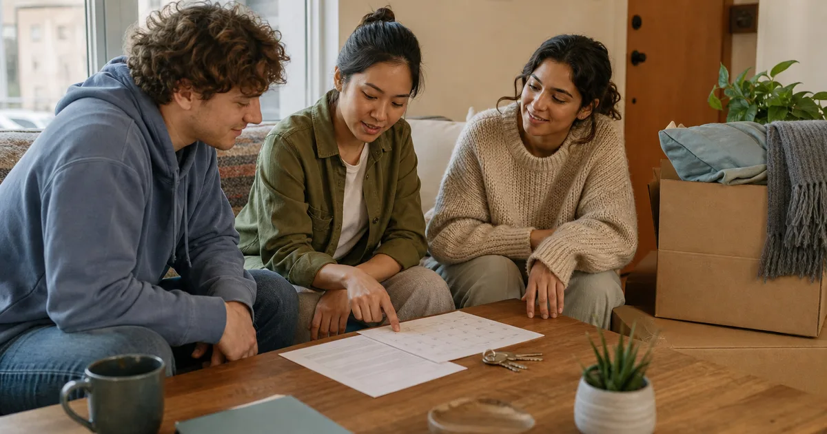 Three roommates reviewing final bills and move-out dates beside packed boxes