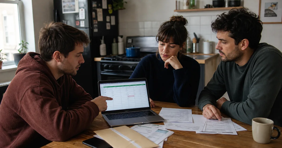 Three roommates reviewing an unpaid shared expense at their kitchen table