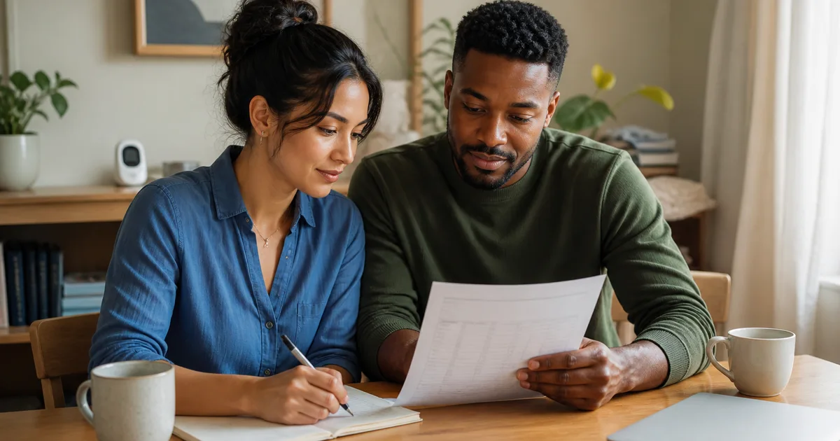 A couple reviewing a single-income household budget together at home