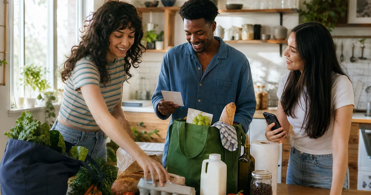 Three roommates unpacking shared groceries and checking the receipt together