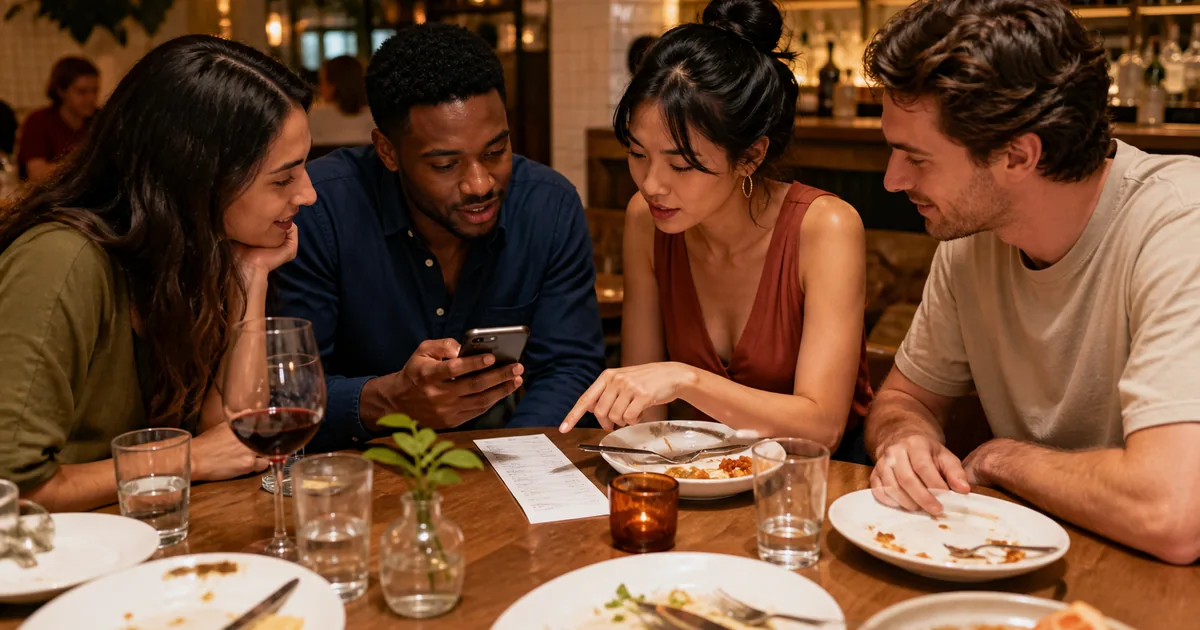 Four friends working out an itemised restaurant bill together after dinner