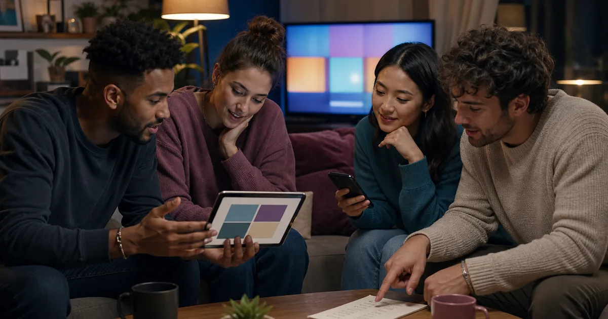 Four friends reviewing shared subscription plans together in a living room