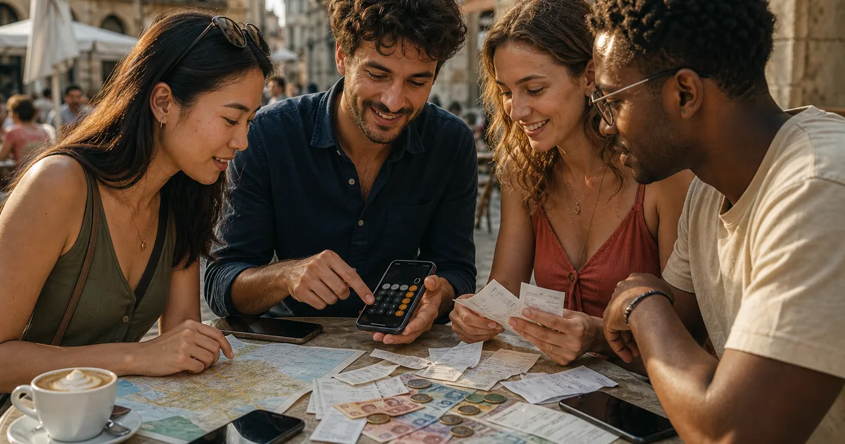 Travellers comparing receipts in several currencies during a trip abroad