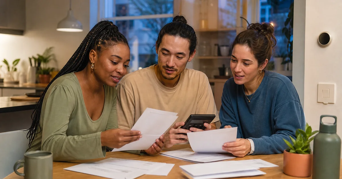 Three roommates sorting household utility bills in their shared kitchen