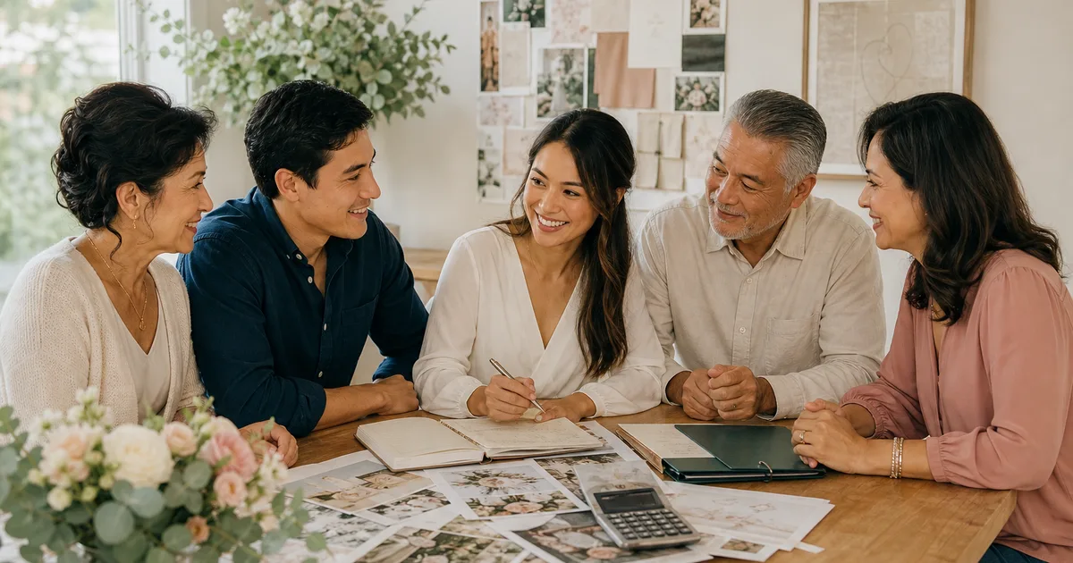 A couple and their families reviewing a wedding budget together around a table