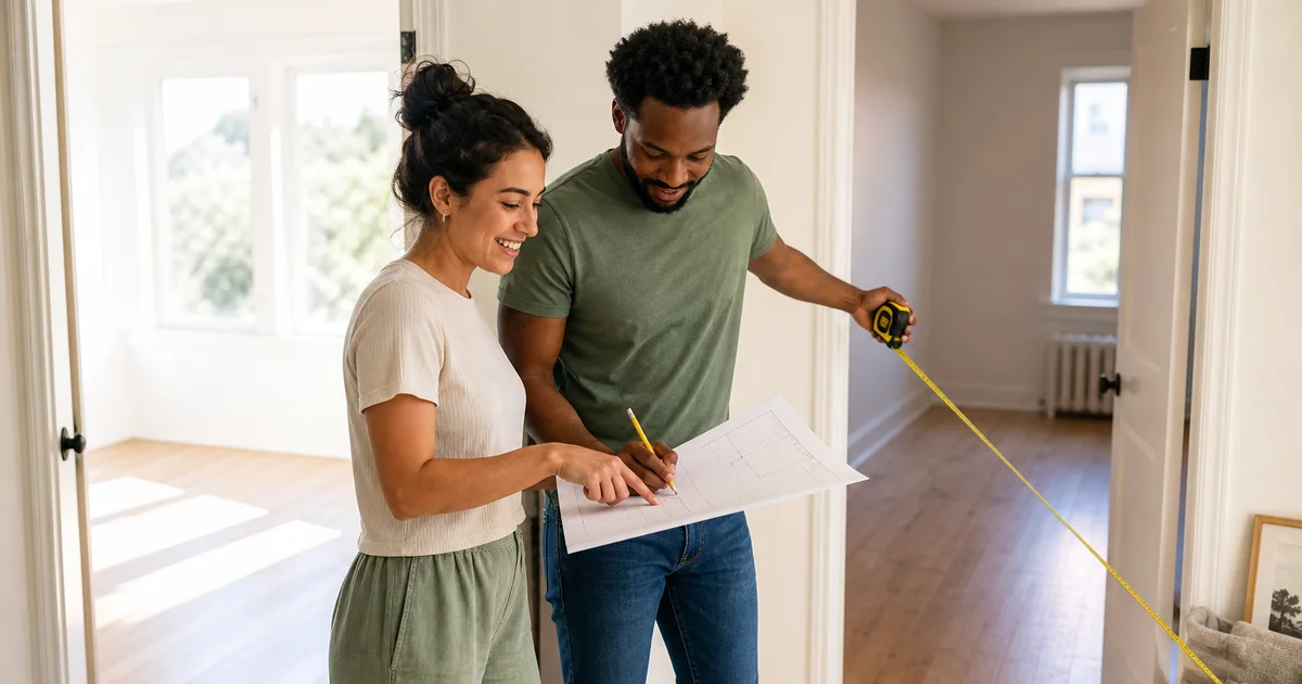 Two roommates measuring unequal bedrooms with a tape measure and floor plan