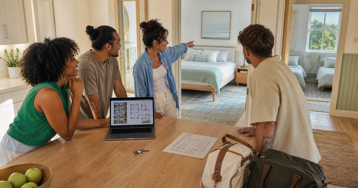 Four friends comparing unequal bedrooms in a vacation rental
